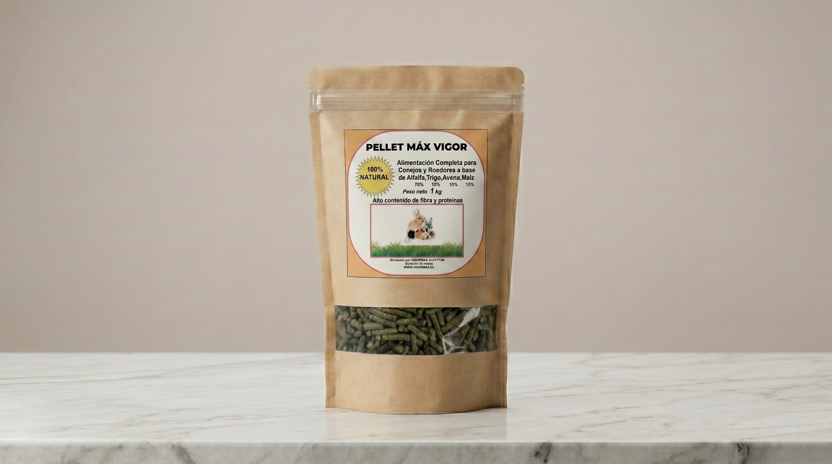 Pellet de alfalfa 70%, trigo 10%, maíz 10% y avena 10% formato 1 kg